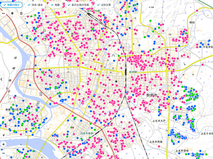 秋田駅周辺の地盤の強さを表した地図です。